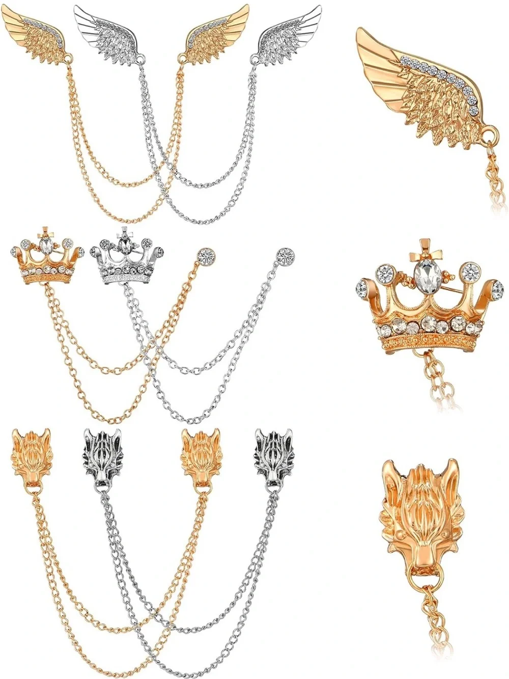 Suit Pins | Wing, Crown & Wolf Double Lapel Chains